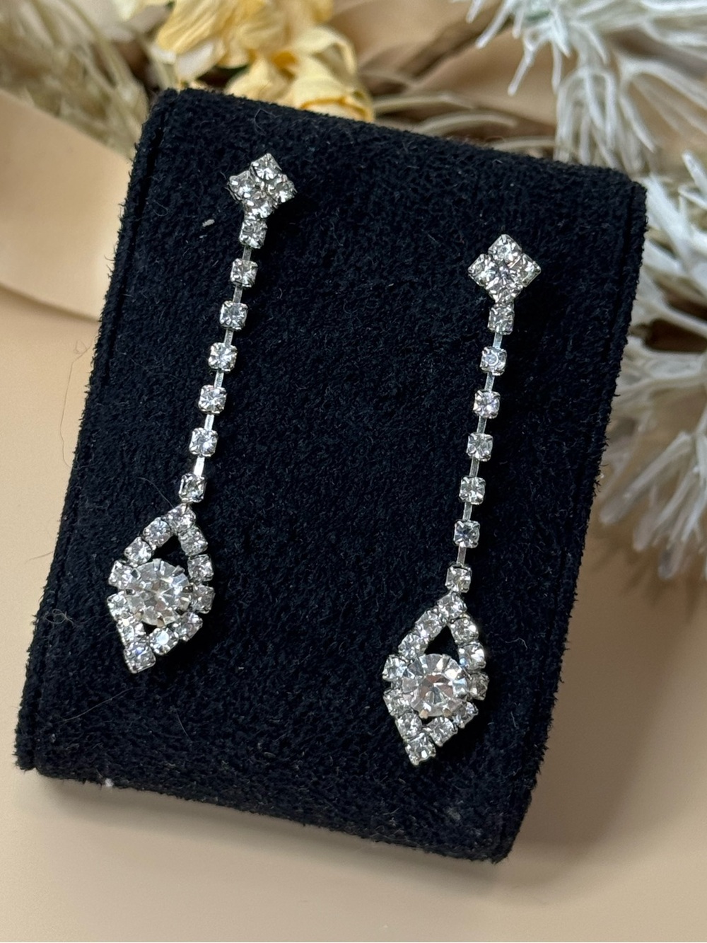 Vintage Rhinestone Dangle Earrings Silver Tone Clear Crystal Statement